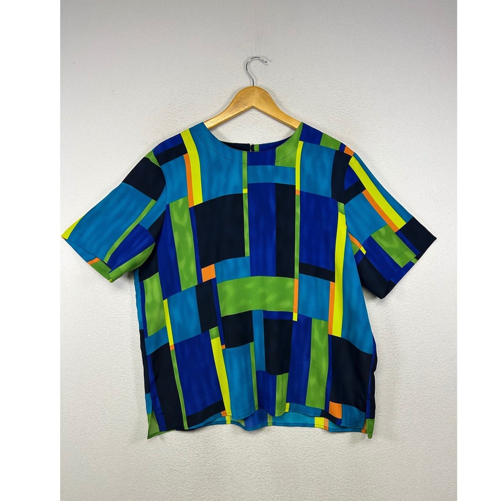 Art Deco Kathy Che Women L Blue Green Geometric Colorblock Short Sleeve Blouse